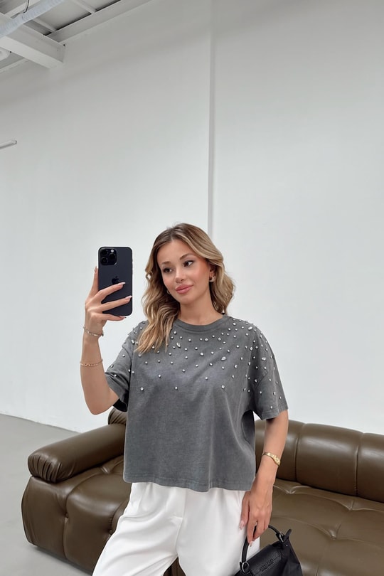 Yıkamalı Taş Detaylı Tshirt Antrasit