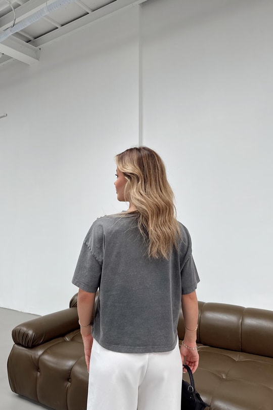 Yıkamalı Taş Detaylı Tshirt Antrasit