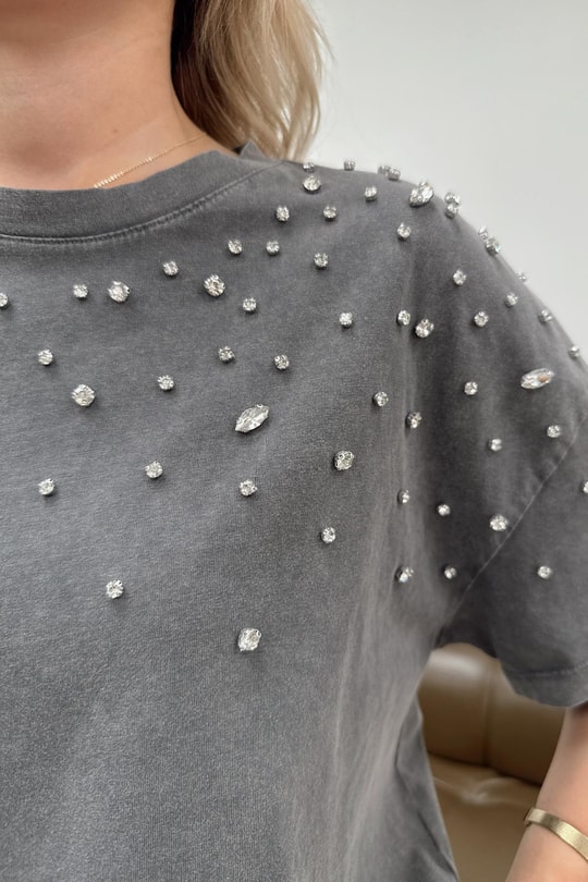 Yıkamalı Taş Detaylı Tshirt Antrasit