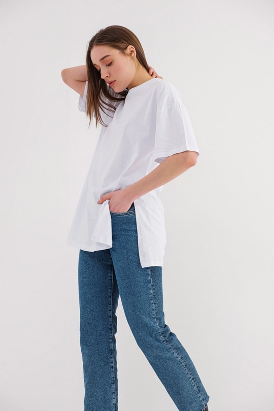 Yırtmaçlı Basic Tshirt Beyaz