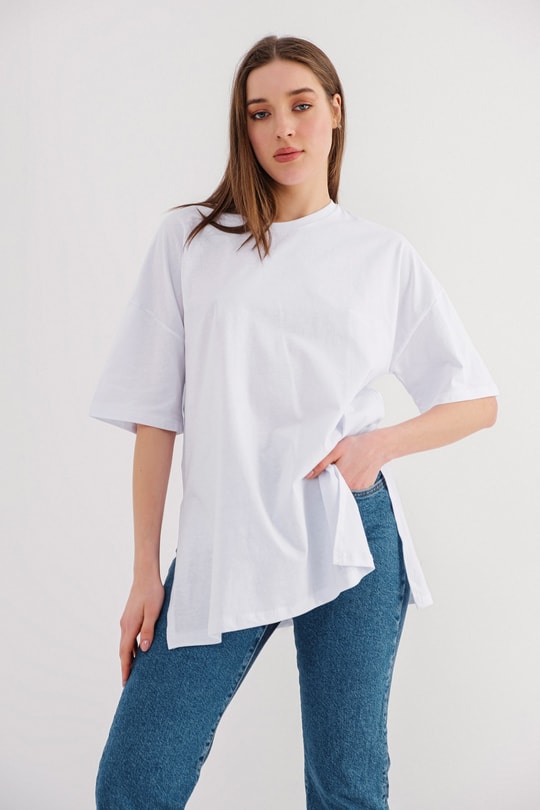 Yırtmaçlı Basic Tshirt Beyaz