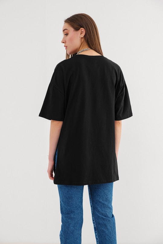 Yırtmaçlı Basic Tshirt Siyah