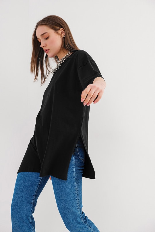 Yırtmaçlı Basic Tshirt Siyah