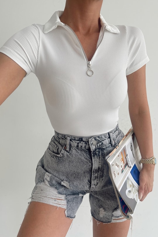 Zip Detay Fitilli Tshirt Beyaz