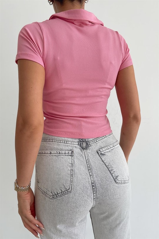 Zip Detay Fitilli Tshirt Pembe