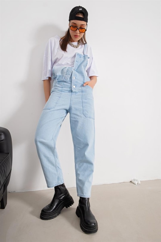 Askılı Denim Salopet Tulum Açık Mavi