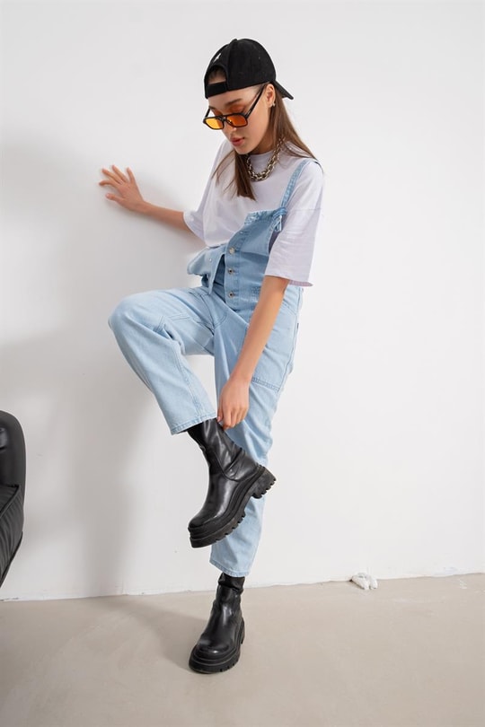 Askılı Denim Salopet Tulum Açık Mavi