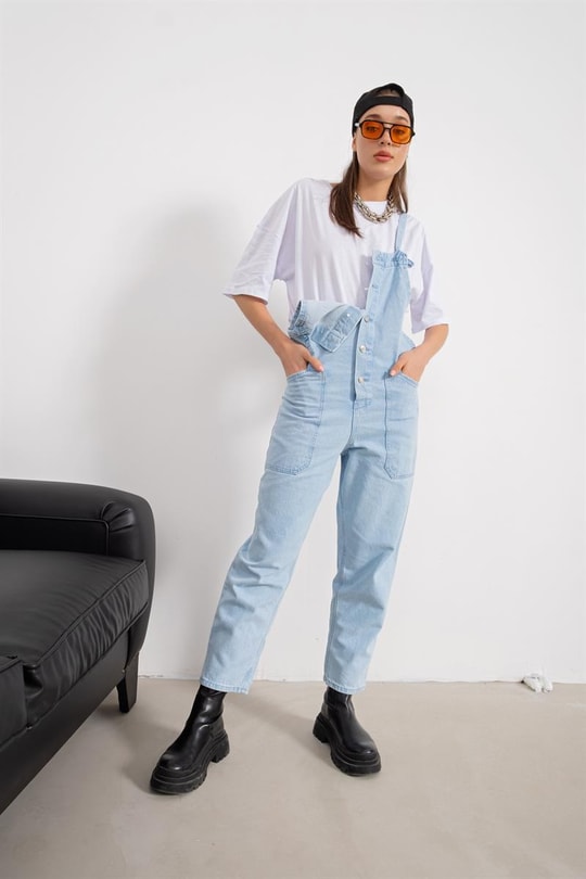 Askılı Denim Salopet Tulum Açık Mavi