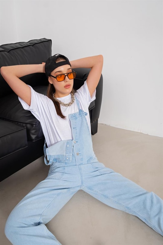 Askılı Denim Salopet Tulum Açık Mavi