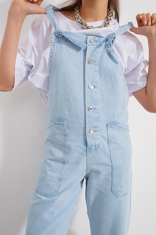 Askılı Denim Salopet Tulum Açık Mavi