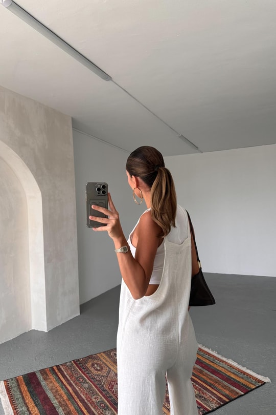 Askılı Keten Tulum Ekru