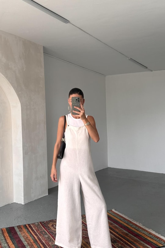 Askılı Keten Tulum Ekru