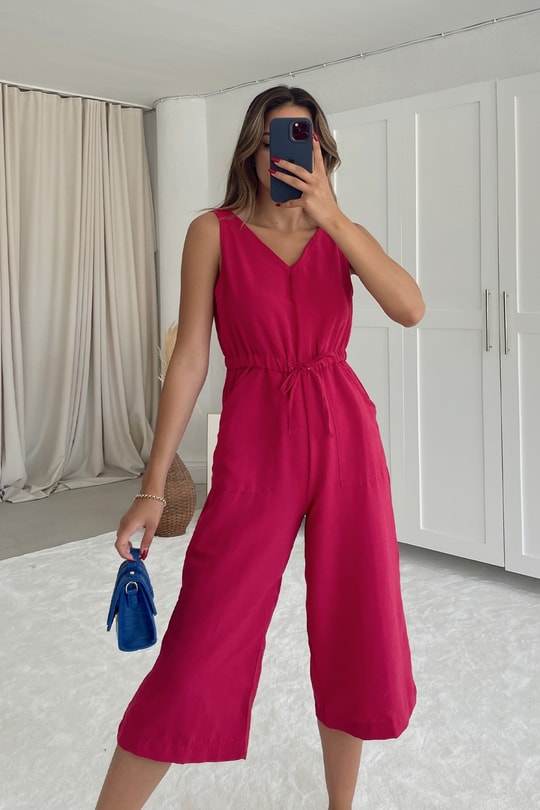 Bel Büzgülü Amor Keten Tulum Fuşya