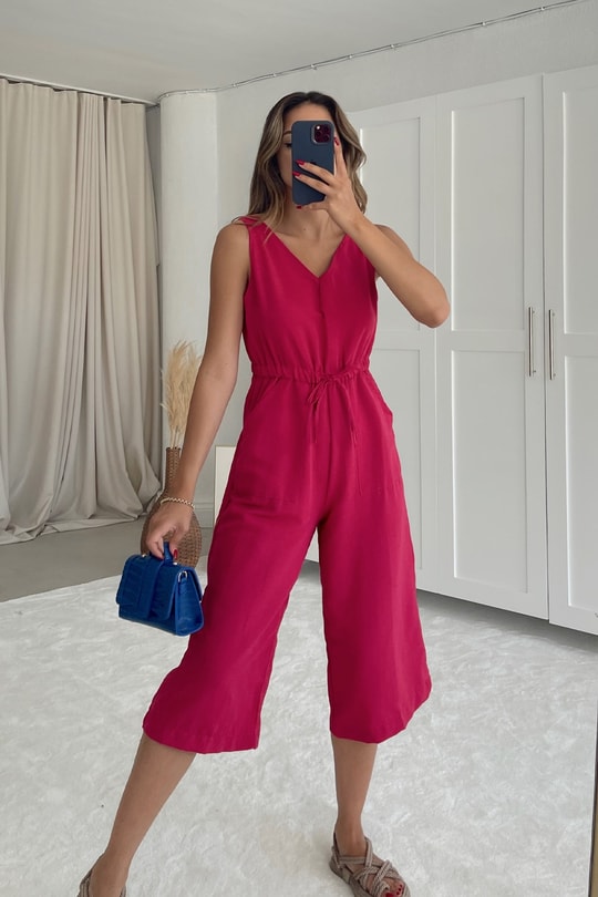Bel Büzgülü Amor Keten Tulum Fuşya