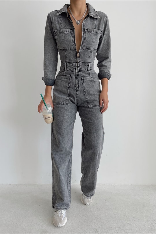 Cep Detay Cool Denim Tulum Füme