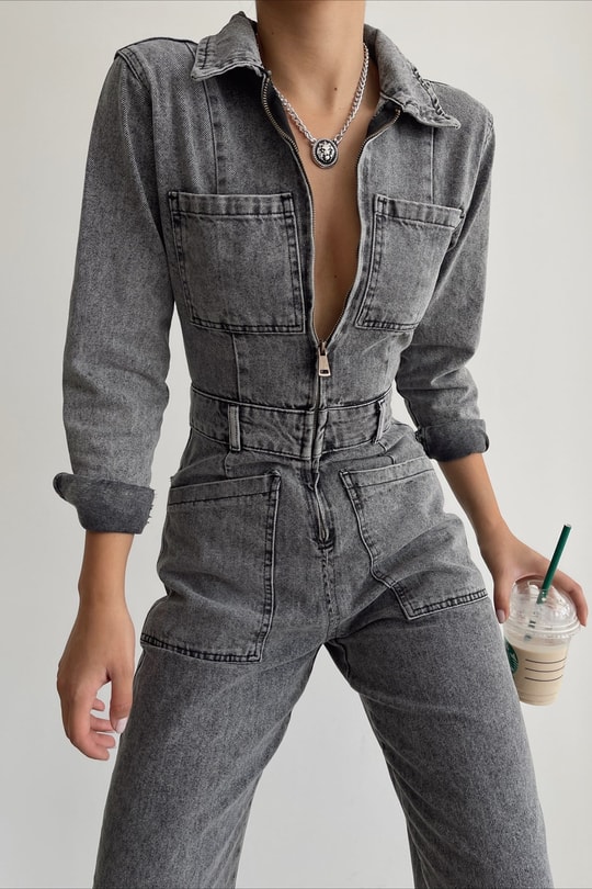 Cep Detay Cool Denim Tulum Füme