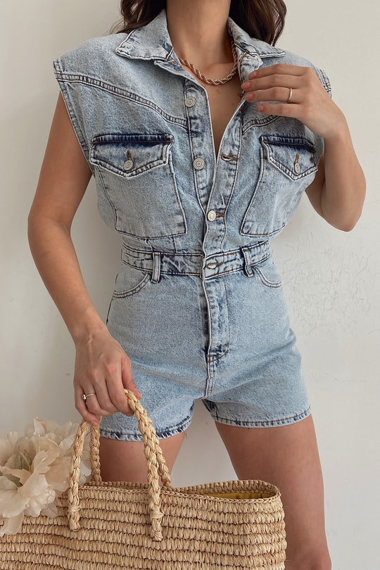 Çok Cepli Mini Denim Tulum Buz Mavi