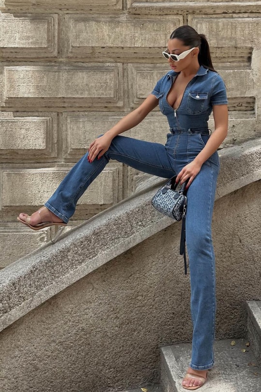 Çok Cepli Straight Denim Tulum Koyu Mavi