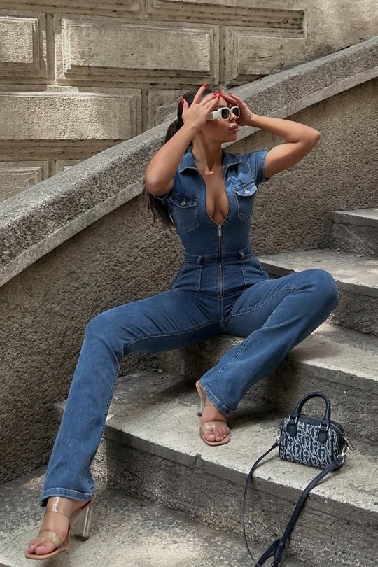 Çok Cepli Straight Denim Tulum Koyu Mavi