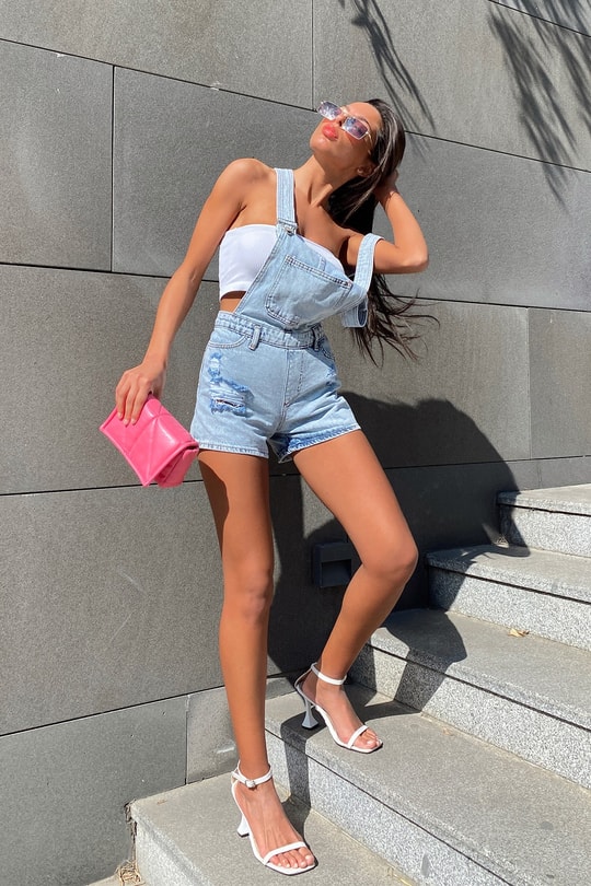 Distressed Denim Salopet Buz Mavi