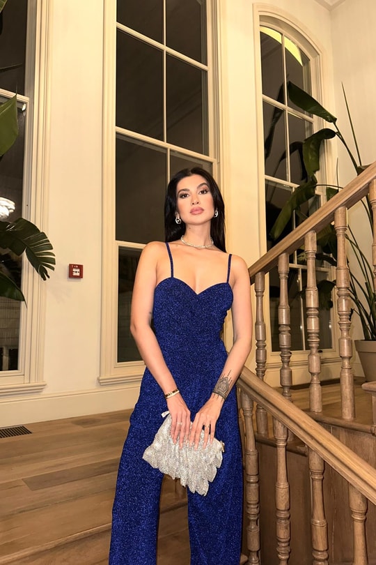 İp Askılı Dekolte Tulum Saks Mavisi