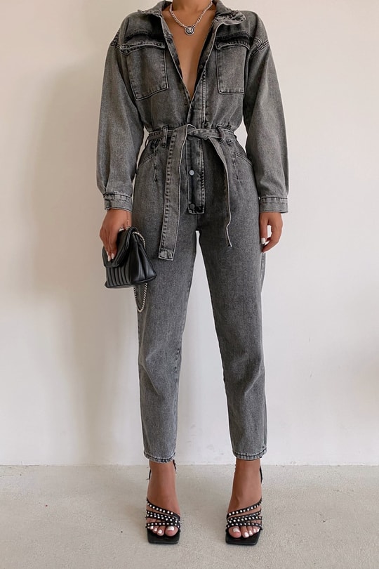 Kemerli Straight Denim Tulum Füme
