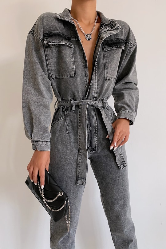 Kemerli Straight Denim Tulum Füme