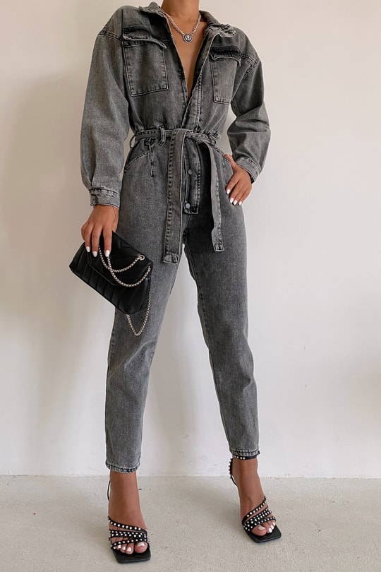 Kemerli Straight Denim Tulum Füme