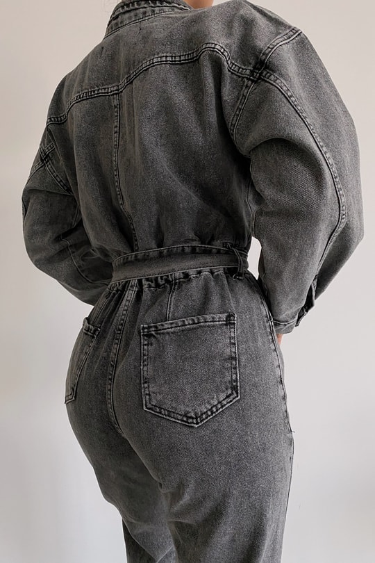Kemerli Straight Denim Tulum Füme
