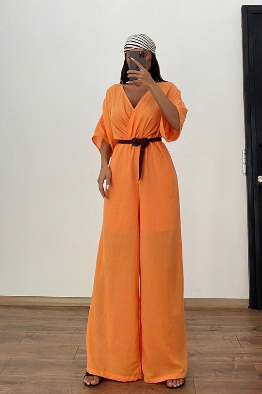 Kruvaze Yaka Kemerli Tulum Oranj