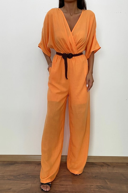 Kruvaze Yaka Kemerli Tulum Oranj