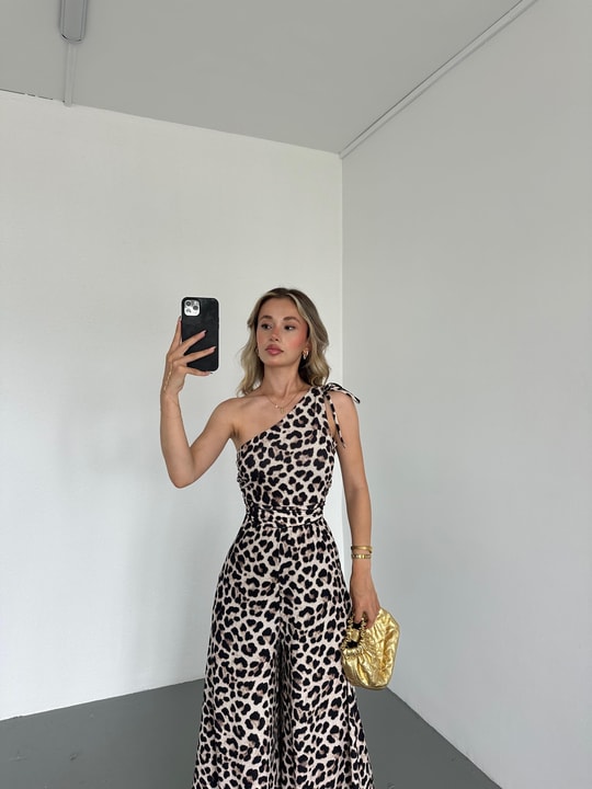 Leopar Desen Tek Omuz Tulum Kahve