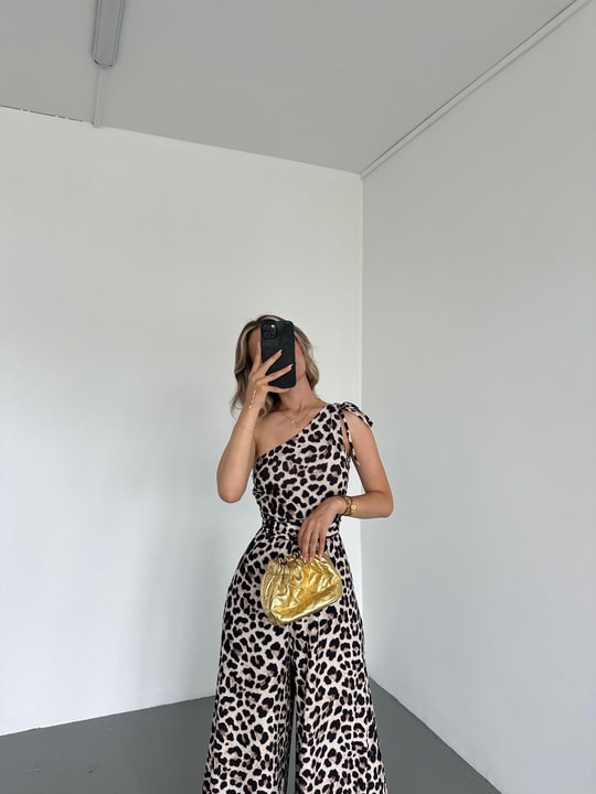 Leopar Desen Tek Omuz Tulum Kahve
