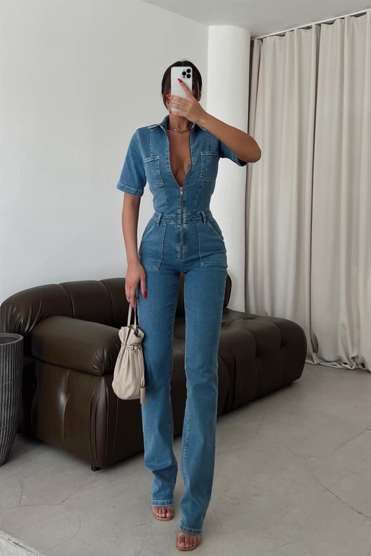 Mini Cep Zip Detay Straight Denim Tulum Mavi