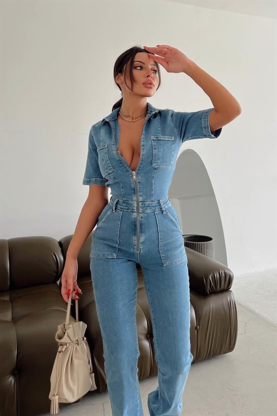 Mini Cep Zip Detay Straight Denim Tulum Mavi