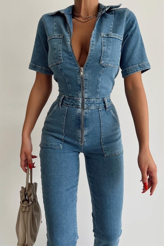 Mini Cep Zip Detay Straight Denim Tulum Mavi