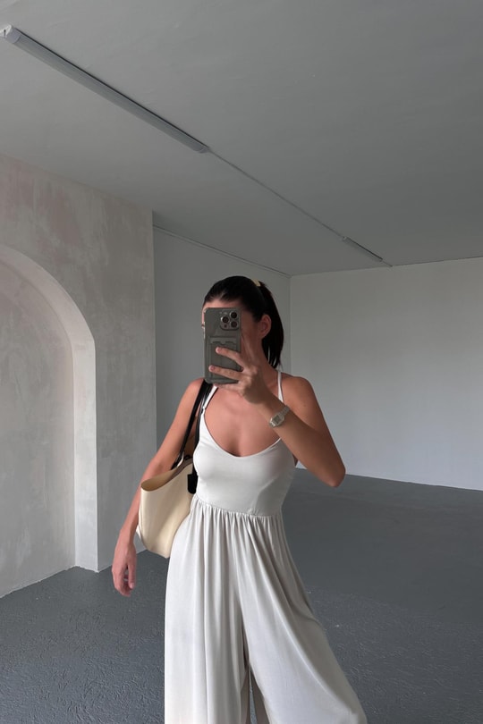 Modal İnce Askılı Tulum Bej