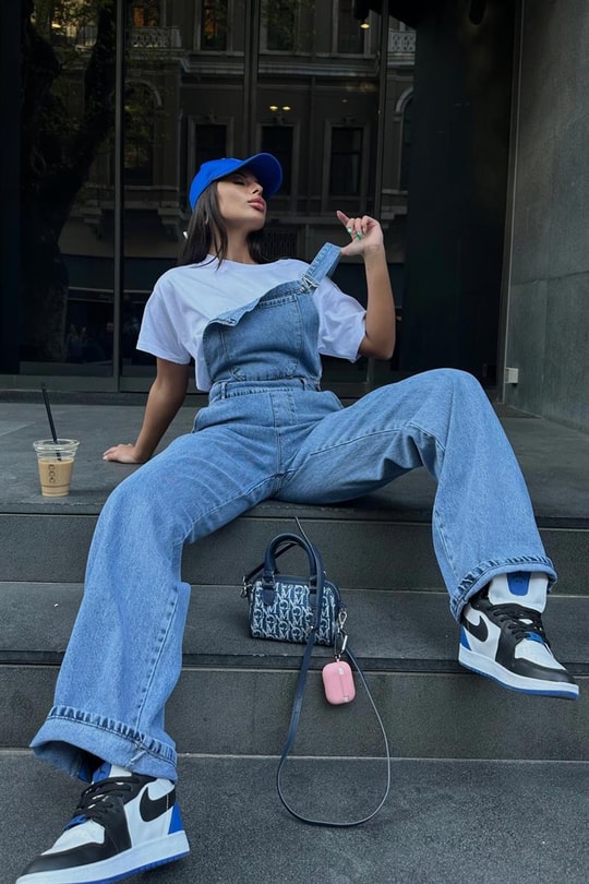 Ön Cepli Denim Salopet Mavi