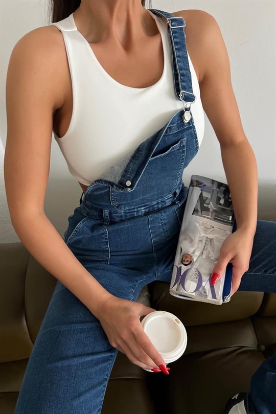 Ön Cepli Denim Salopet Tulum Koyu Mavi