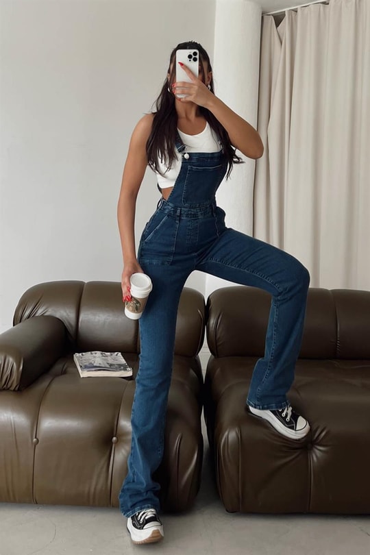 Ön Cepli Denim Salopet Tulum Koyu Mavi