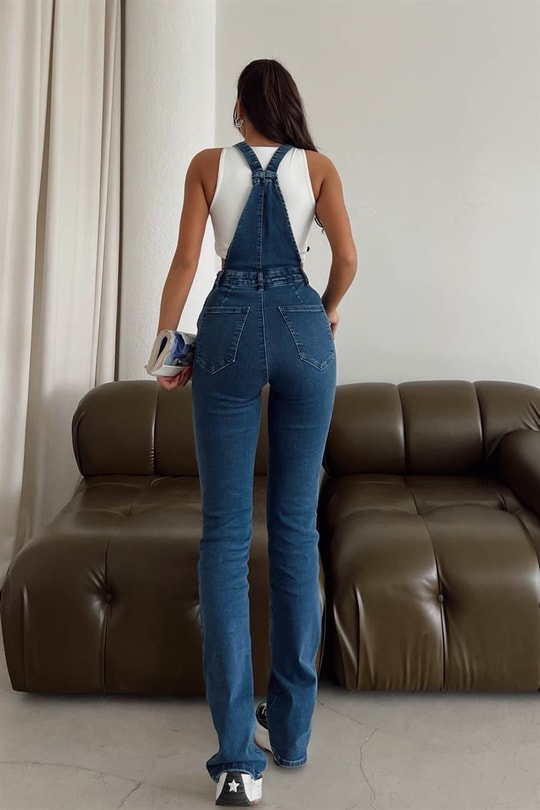 Ön Cepli Denim Salopet Tulum Koyu Mavi