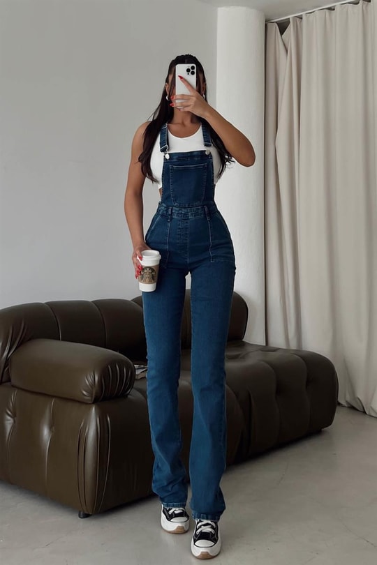 Ön Cepli Denim Salopet Tulum Koyu Mavi