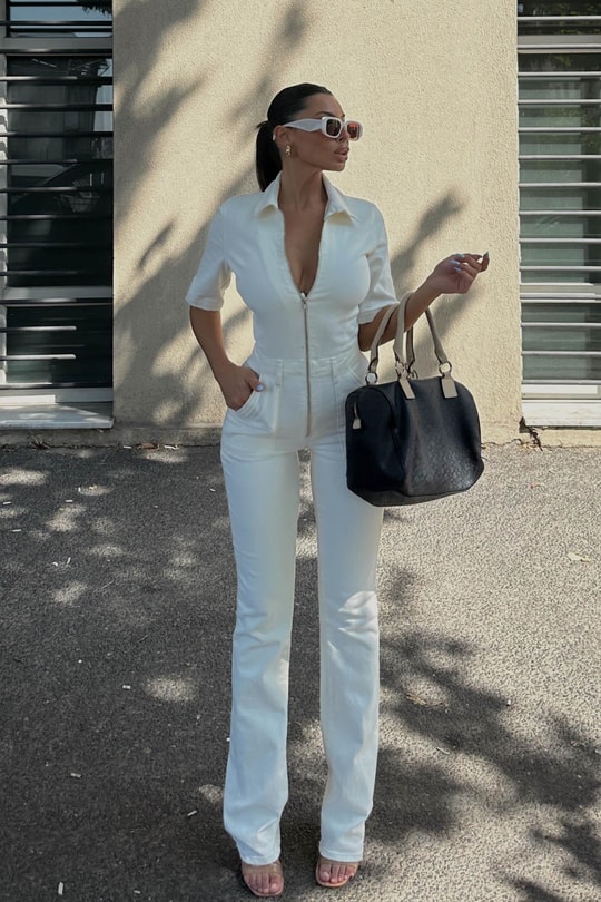 Straight Ön Cepli Denim Tulum Krem