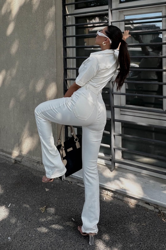 Straight Ön Cepli Denim Tulum Krem