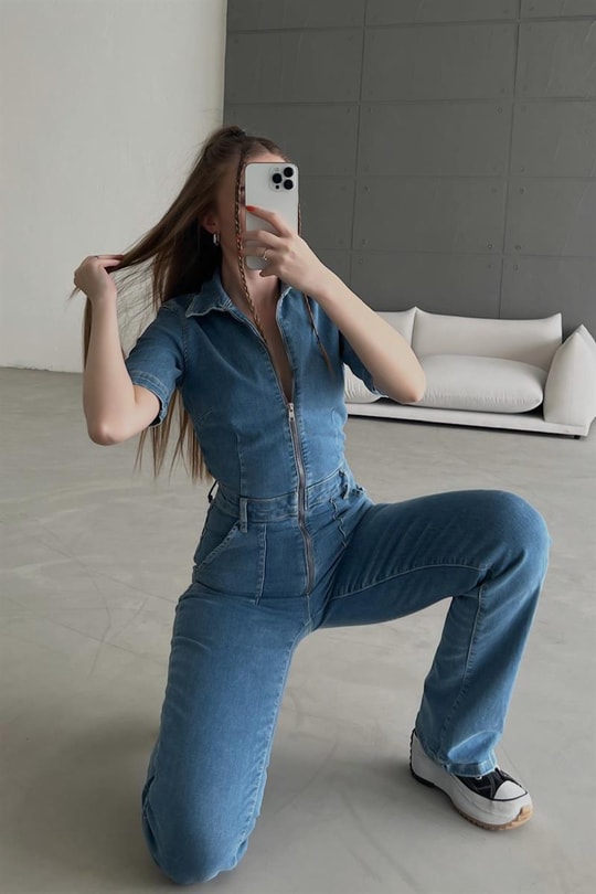 Straight Ön Cepli Denim Tulum Mavi