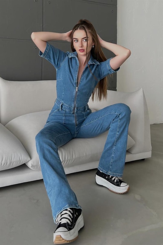 Straight Ön Cepli Denim Tulum Mavi