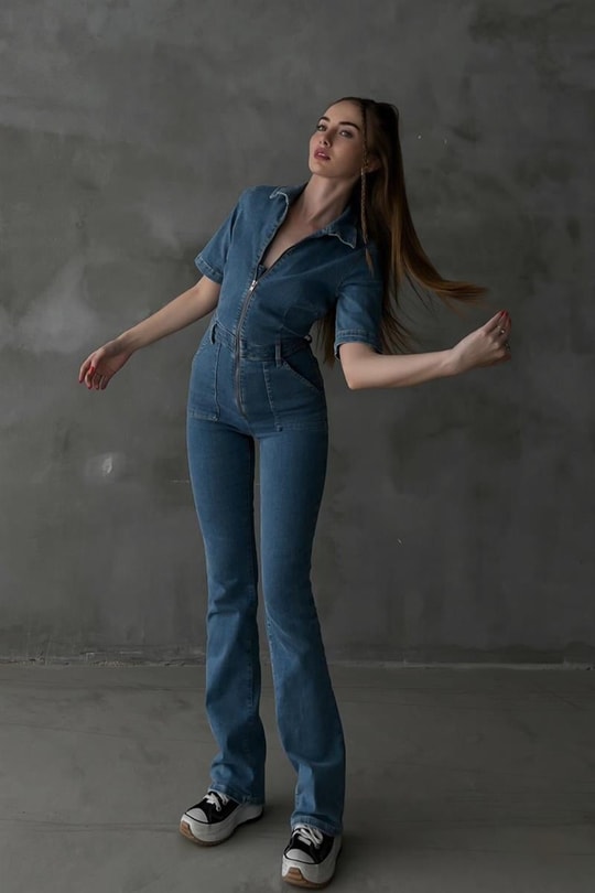 Straight Ön Cepli Denim Tulum Mavi