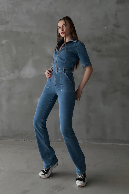 Straight Ön Cepli Denim Tulum Mavi
