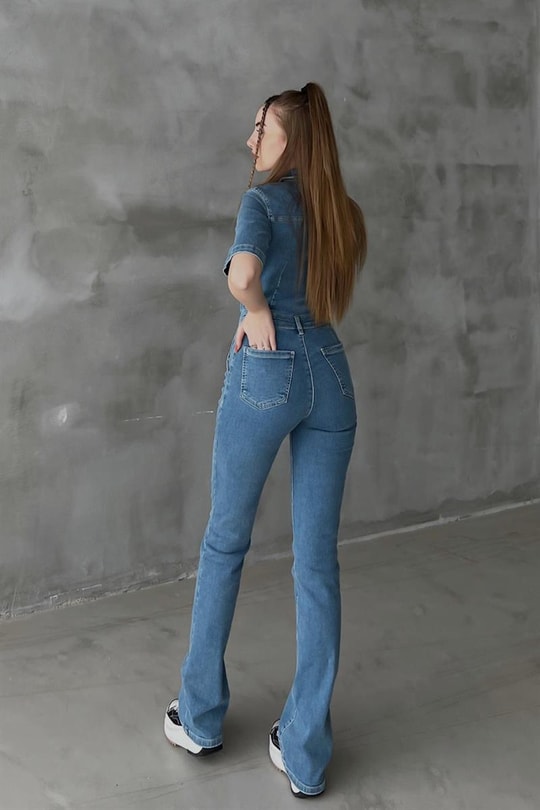 Straight Ön Cepli Denim Tulum Mavi