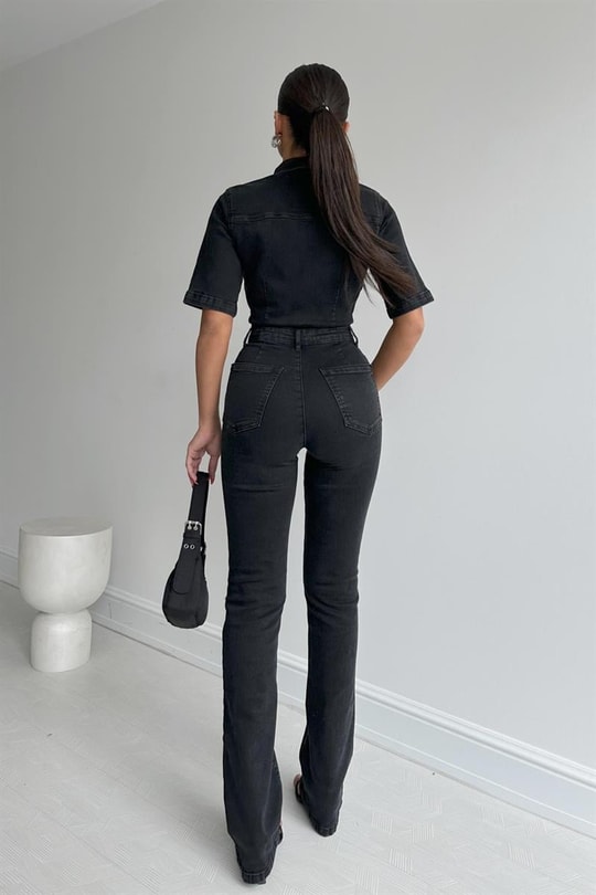 Straight Ön Cepli Denim Tulum Siyah